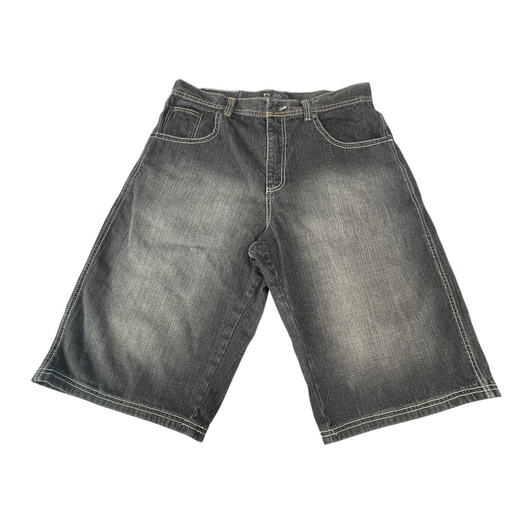 DTEK Jeans Mens 36x15 Baggy Denim Shorts Faded Black Contrast Stitch Y2K Street